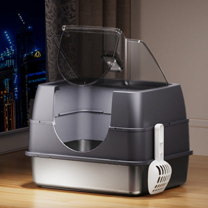 Fully Enclosed Flip Top Stainless Steel Cat Litter Box Large Space and Odor Control