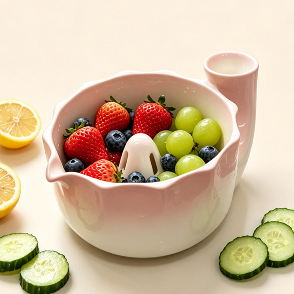 Self-Spinning Ceramic Berry Washing Bowl Set with  2 Fruit Forks -Pink