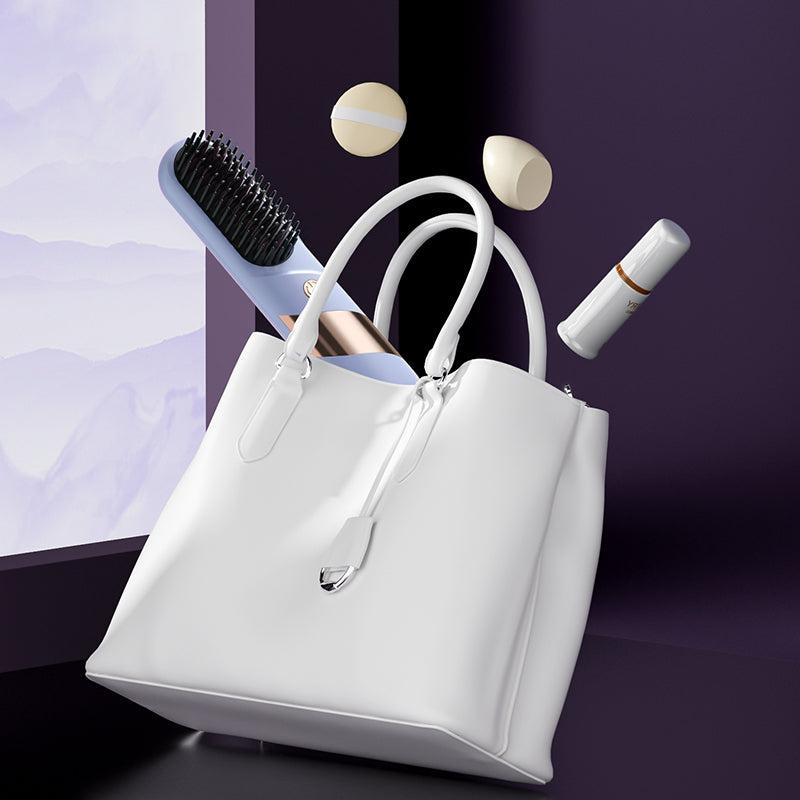 2-in-1 Cordless Hair Straightener Brush Portable Hair Comb with LED Display Hair Styling Tool Purple