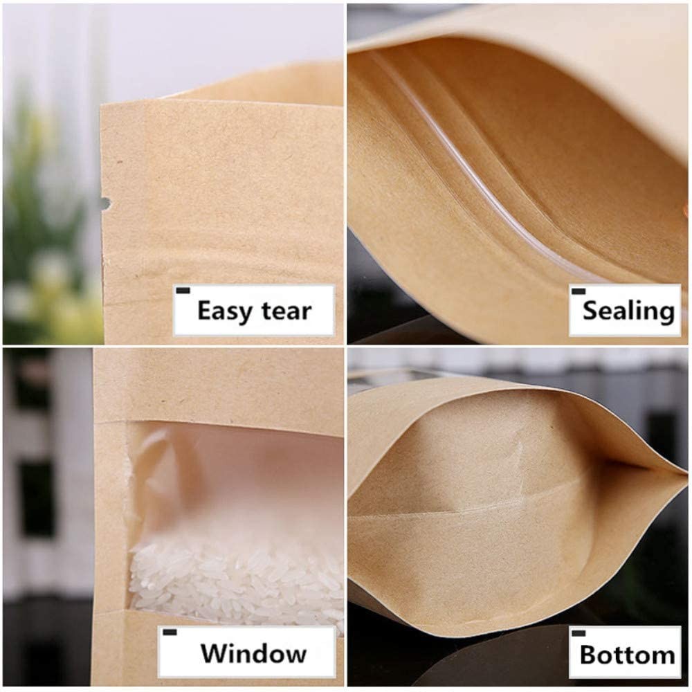 50 Pack of Visible Resealable Kraft Paper Pouch Self Sealing Food Storage Bag