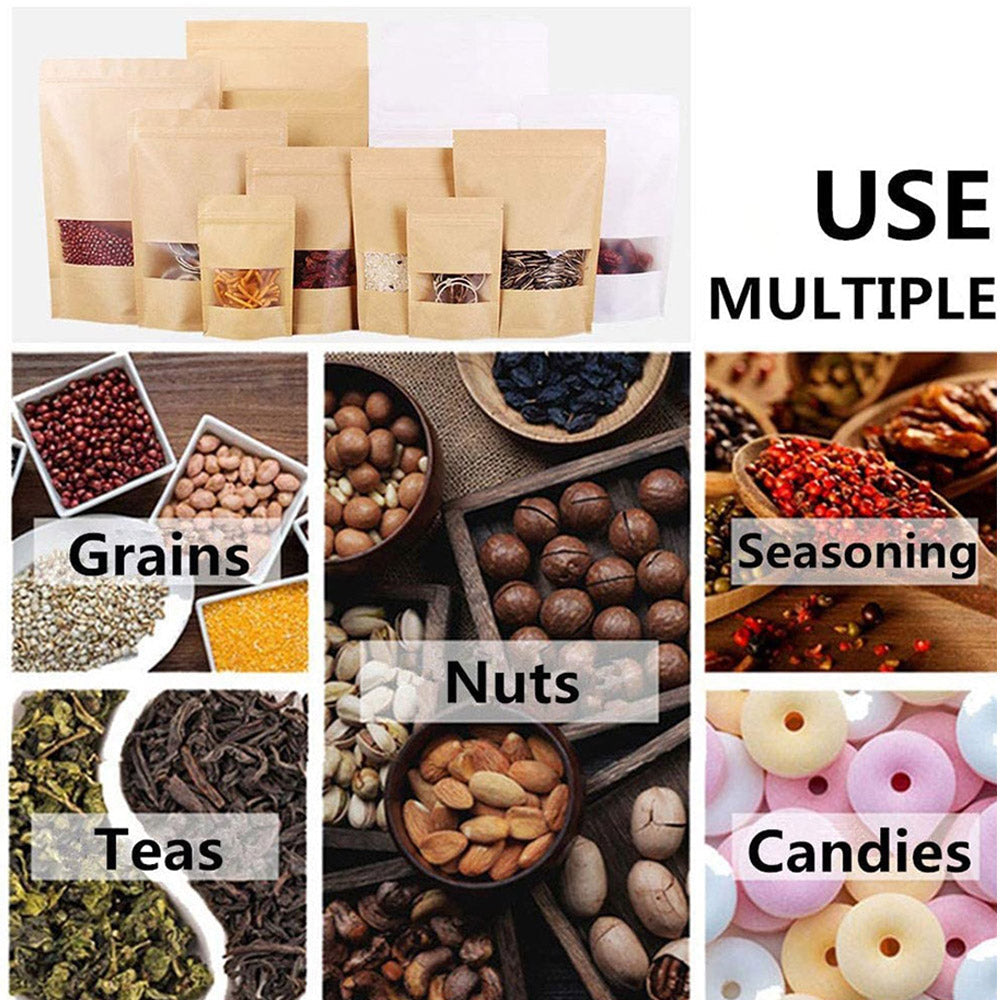 50 Pack of Visible Resealable Kraft Paper Pouch Self Sealing Food Storage Bag