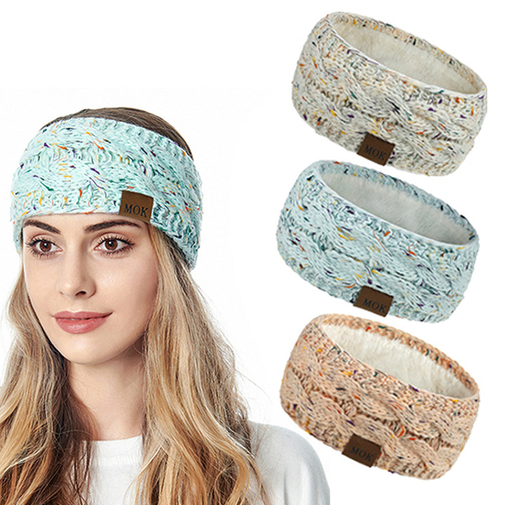3 X Printed Womens Knitted Fleece Lined Headbands Light Blue White Pink