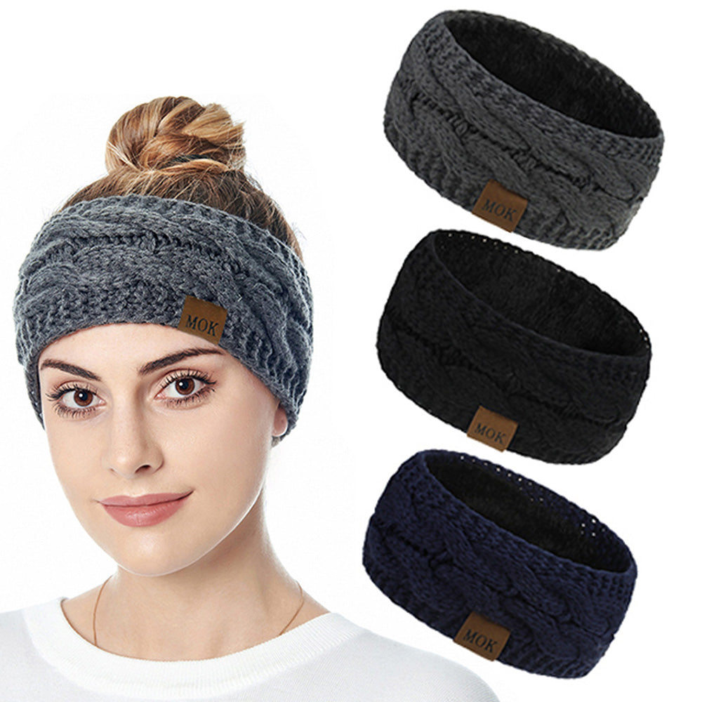3 X Solid Colour Womens Knitted Fleece Lined Headbands Black Grey Navy