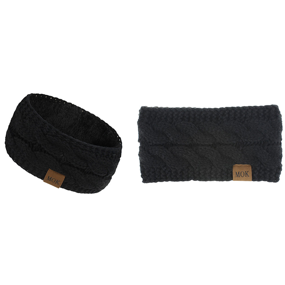 3 X Solid Colour Womens Knitted Fleece Lined Headbands Black Grey Navy