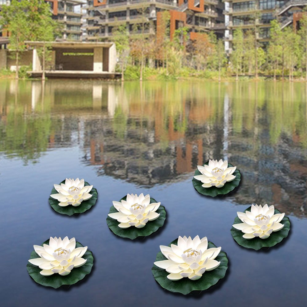 6Pcs White Artificial Floating Lotus Flowers Realistic Garden Pond Decoration