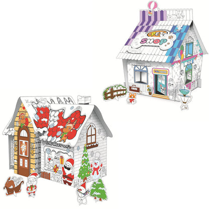 2 X Kids Pet Shop Christmas House DIY Doodle Cardboard Houses Art Craft Set