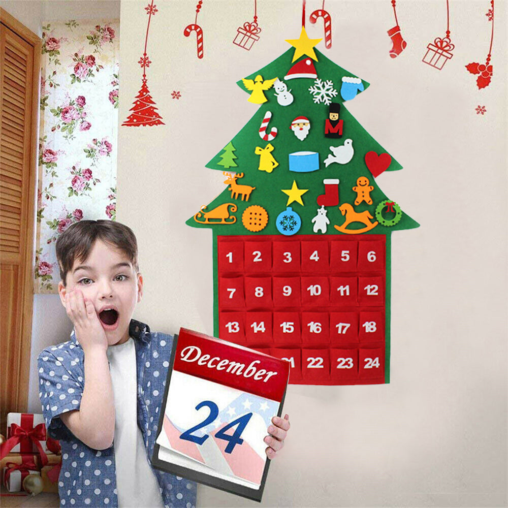 24Pockets DIY Felt Christmas Tree Advent Countdown Calendar Wall Hanging Decor