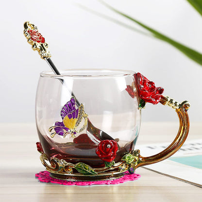 Red Butterfly Flower Enamel Tea Cup Glass Coffee Mug with Spoon
