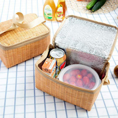 2Pcs Imitated Rattan Insulated Thermal Lunch Box Bags Picnic Basket