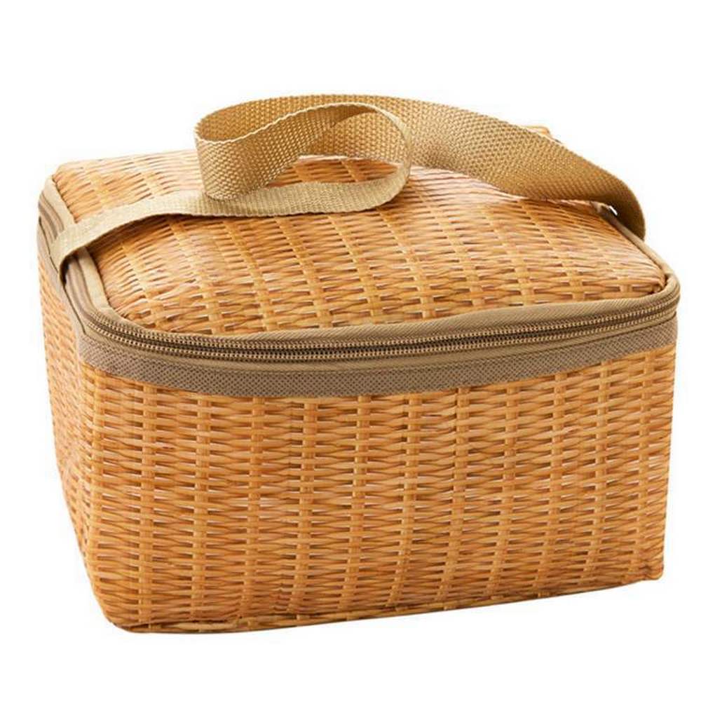 2Pcs Imitated Rattan Insulated Thermal Lunch Box Bags Picnic Basket with Cutlery