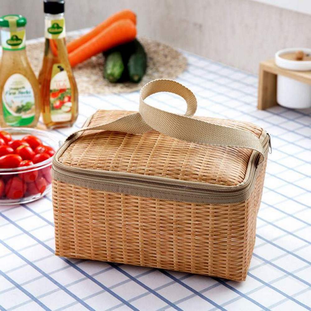 2Pcs Imitated Rattan Insulated Thermal Lunch Box Bags Picnic Basket with Cutlery