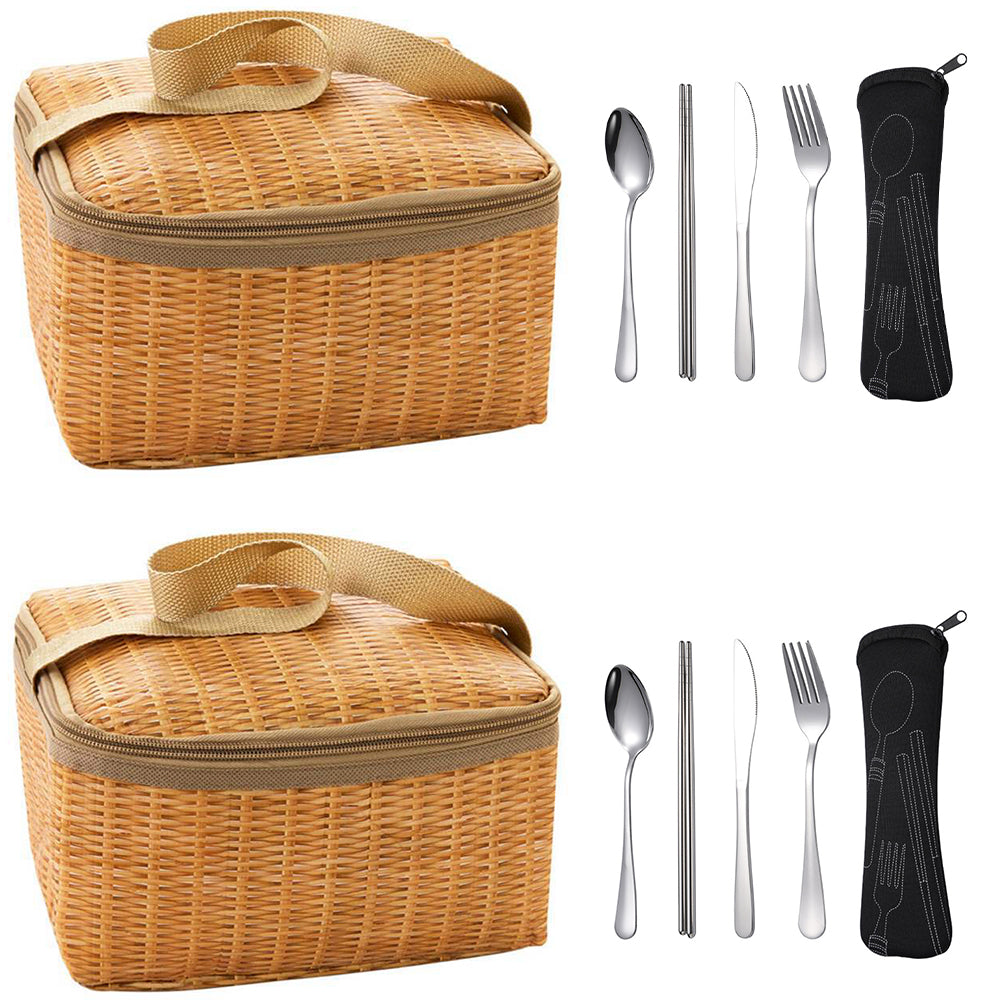 2Pcs Imitated Rattan Insulated Thermal Lunch Box Bags Picnic Basket with Cutlery