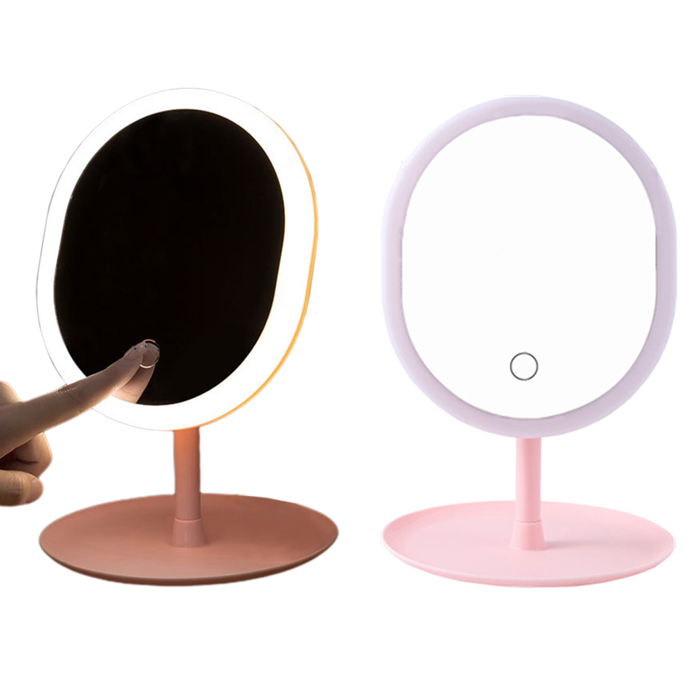 Rechargeable LED Light Desktop Makeup Mirror Vanity Touch Screen Dimming with Round tray