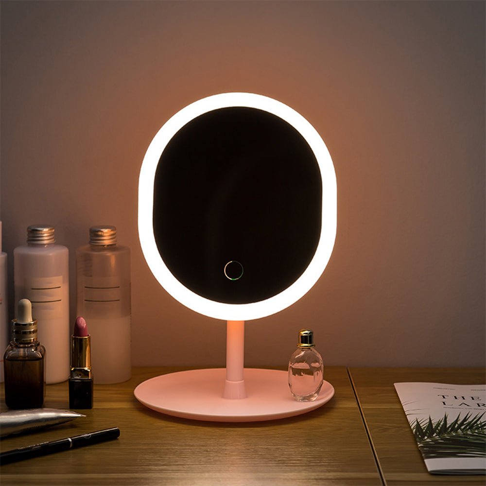 Rechargeable LED Light Desktop Makeup Mirror Vanity Touch Screen Dimming with Round tray