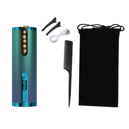 Automatic Curling Iron Cordless Automatic Hair Curler Portable Rechargeable Rotating Curling Wand Styling Tool -Blue