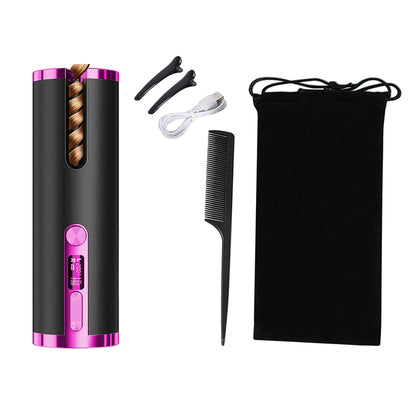 Automatic Curling Iron Cordless Automatic Hair Curler Portable Rechargeable Rotating Curling Wand Styling Tool -Grey