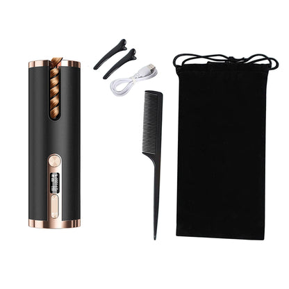 Automatic Curling Iron Cordless Automatic Hair Curler Portable Rechargeable Rotating Curling Wand Styling Tool -Black