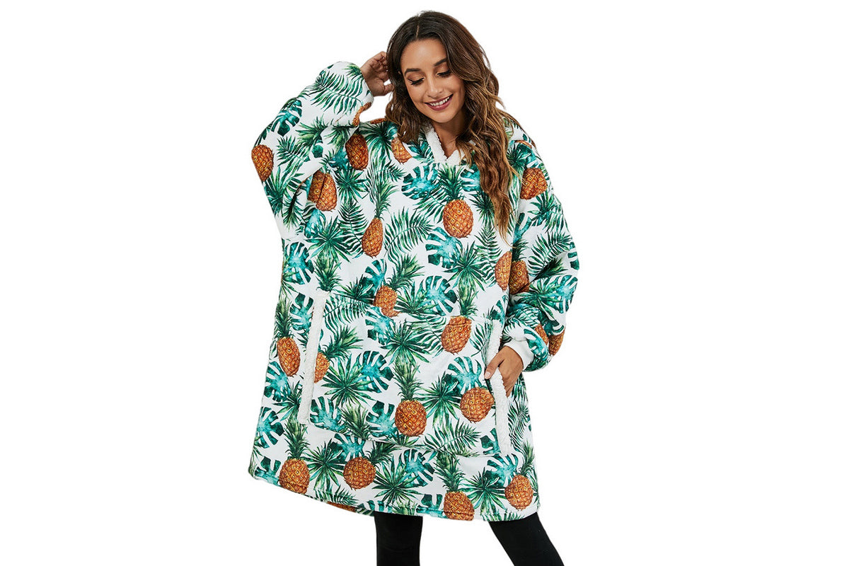 For Adult Multifunctional Wearable Warm Cozy Fleece Sherpa Hooded Throw Blanket Hoodie-Pineapple