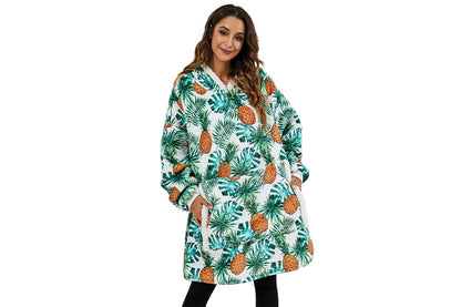 For Adult Multifunctional Wearable Warm Cozy Fleece Sherpa Hooded Throw Blanket Hoodie-Pineapple