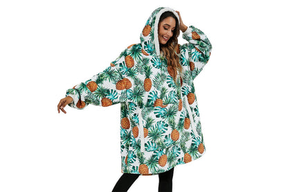 For Adult Multifunctional Wearable Warm Cozy Fleece Sherpa Hooded Throw Blanket Hoodie-Pineapple