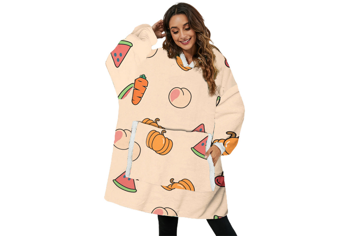 For Adult Multifunctional Wearable Warm Cozy Fleece Sherpa Hooded Throw Blanket Hoodie-Fruit