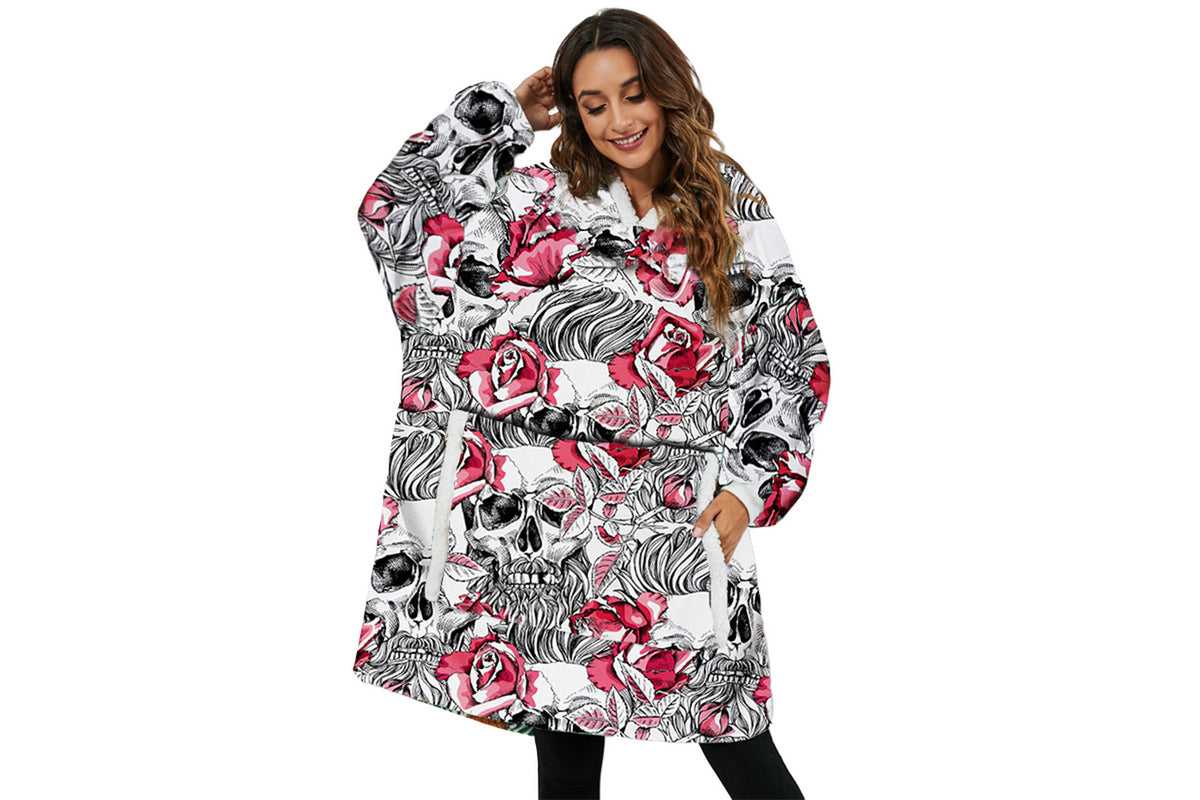 For Adult Multifunctional Wearable Warm Cozy Fleece Sherpa Hooded Throw Blanket Hoodie-Pink Skull