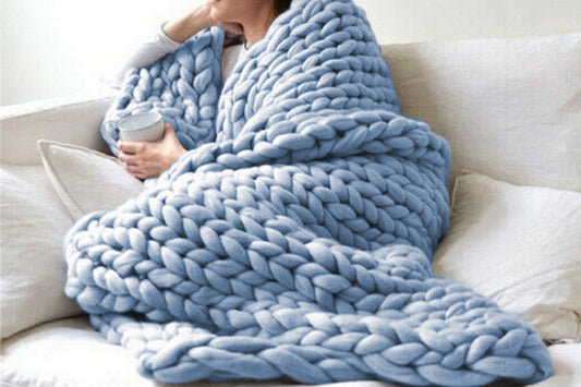 Handmade Chunky Knit Soft Blanket Throw For Couch Home Decor-Blue
