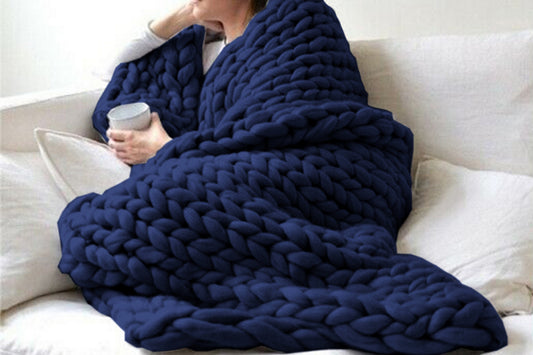 Handmade Chunky Knit Soft Blanket Throw For Couch Home Decor-Dark Blue