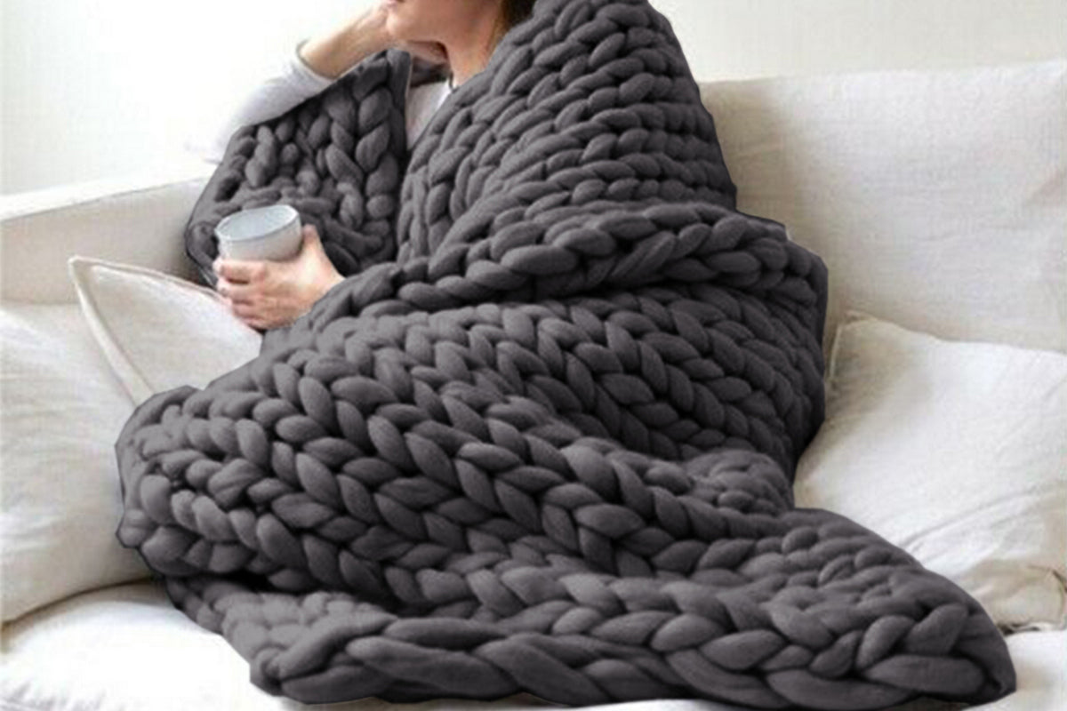 Handmade Chunky Knit Soft Blanket Throw For Couch Home Decor-Dark Grey