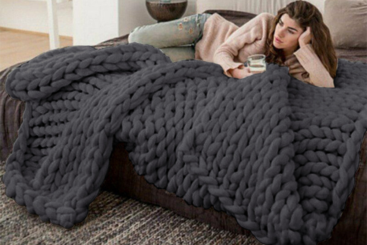 Handmade Chunky Knit Soft Blanket Throw For Couch Home Decor-Dark Grey