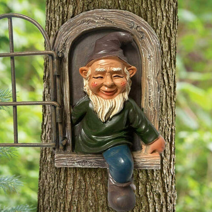 2 X Elf Out The Window Gnome Tree Hugger Garden Statue