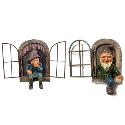 2 X Elf Out The Window Gnome Tree Hugger Garden Statue