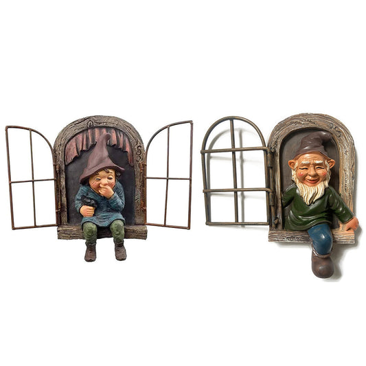 2 X Elf Out The Window Gnome Tree Hugger Garden Statue
