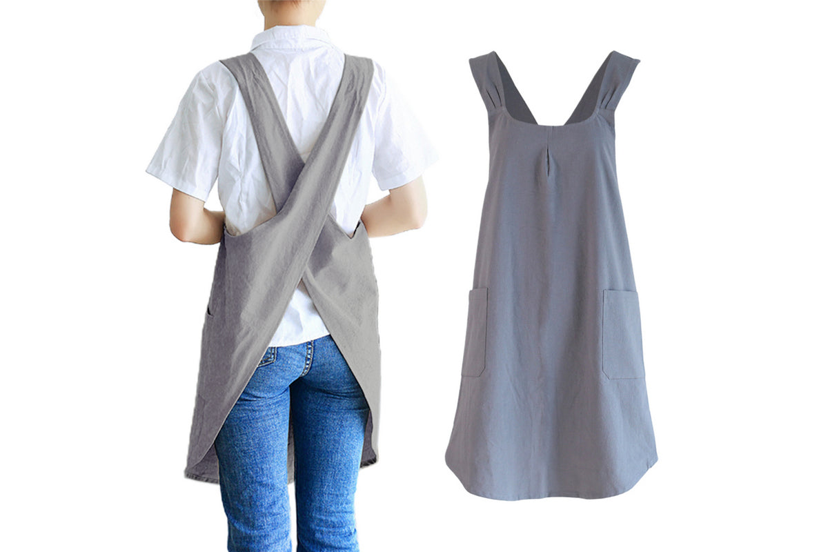 Cross Back Aprons Cotton Apron with Pockets for Kitchen Housework Flower Shop-Grey