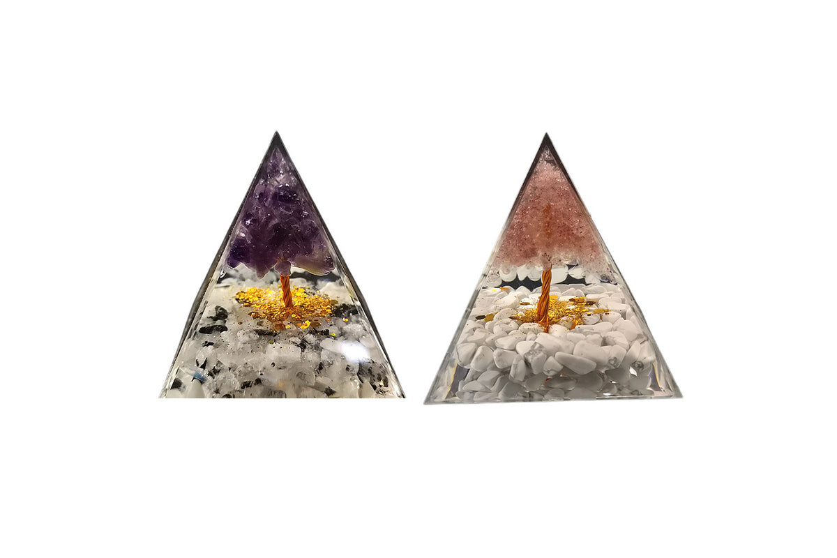 2Pcs Orgonite Pyramid For Positive Energy Chakra Healing Crystal And Stone Orgone-Pink Tree And Purple Tree
