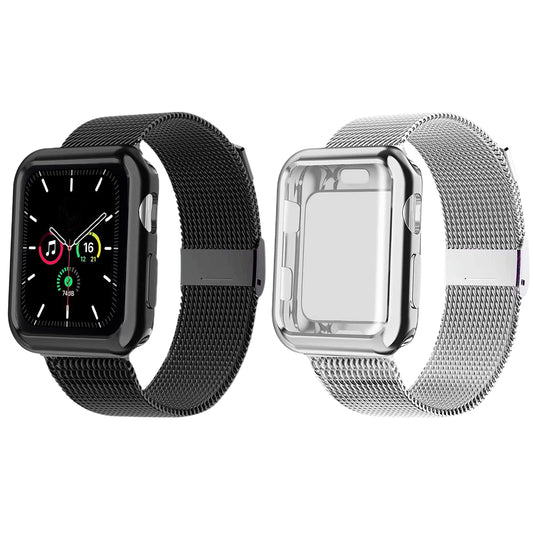 2pcs Metal Band Compatible for Apple Watch iWatch Band with Screen Protective Case -Black and Silver
