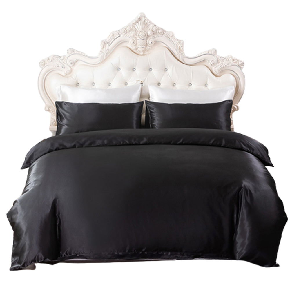 Queen Quilt Cover Silk Satin Bedding Set-Black
