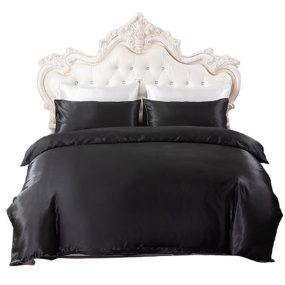 Queen Quilt Cover Silk Satin Bedding Set-Black