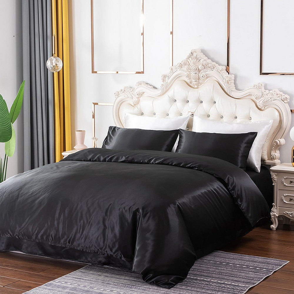 Queen Quilt Cover Silk Satin Bedding Set-Black