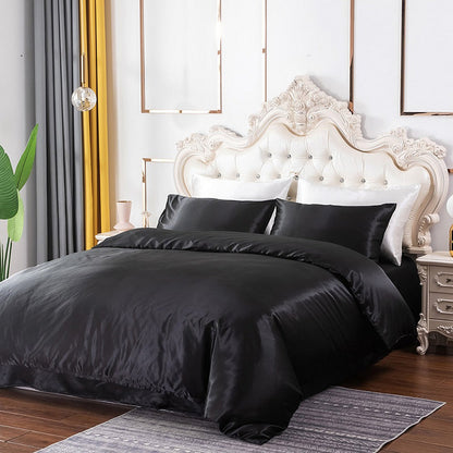 Queen Quilt Cover Silk Satin Bedding Set-Black