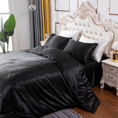 Queen Quilt Cover Silk Satin Bedding Set-Black