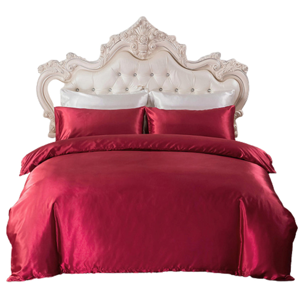 Double Quilt Cover Silk Satin Bedding Set-Wine Red