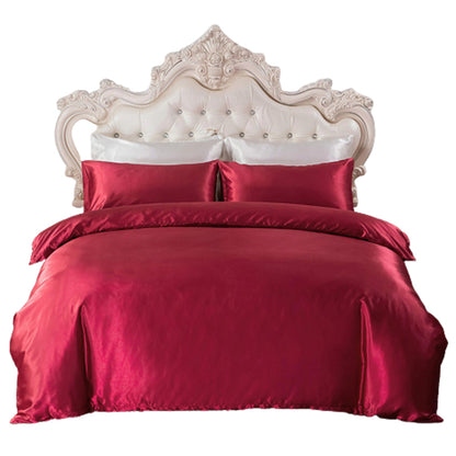 Double Quilt Cover Silk Satin Bedding Set-Wine Red
