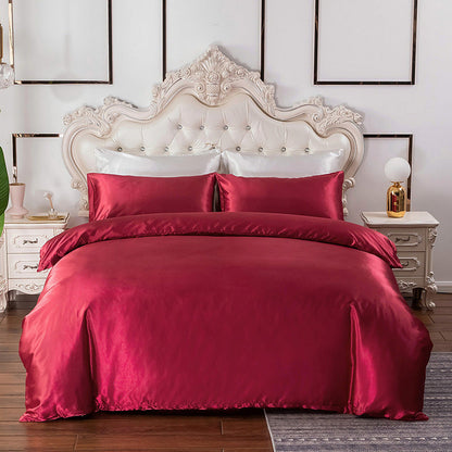 Double Quilt Cover Silk Satin Bedding Set-Wine Red