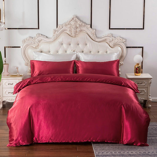 Double Quilt Cover Silk Satin Bedding Set-Wine Red