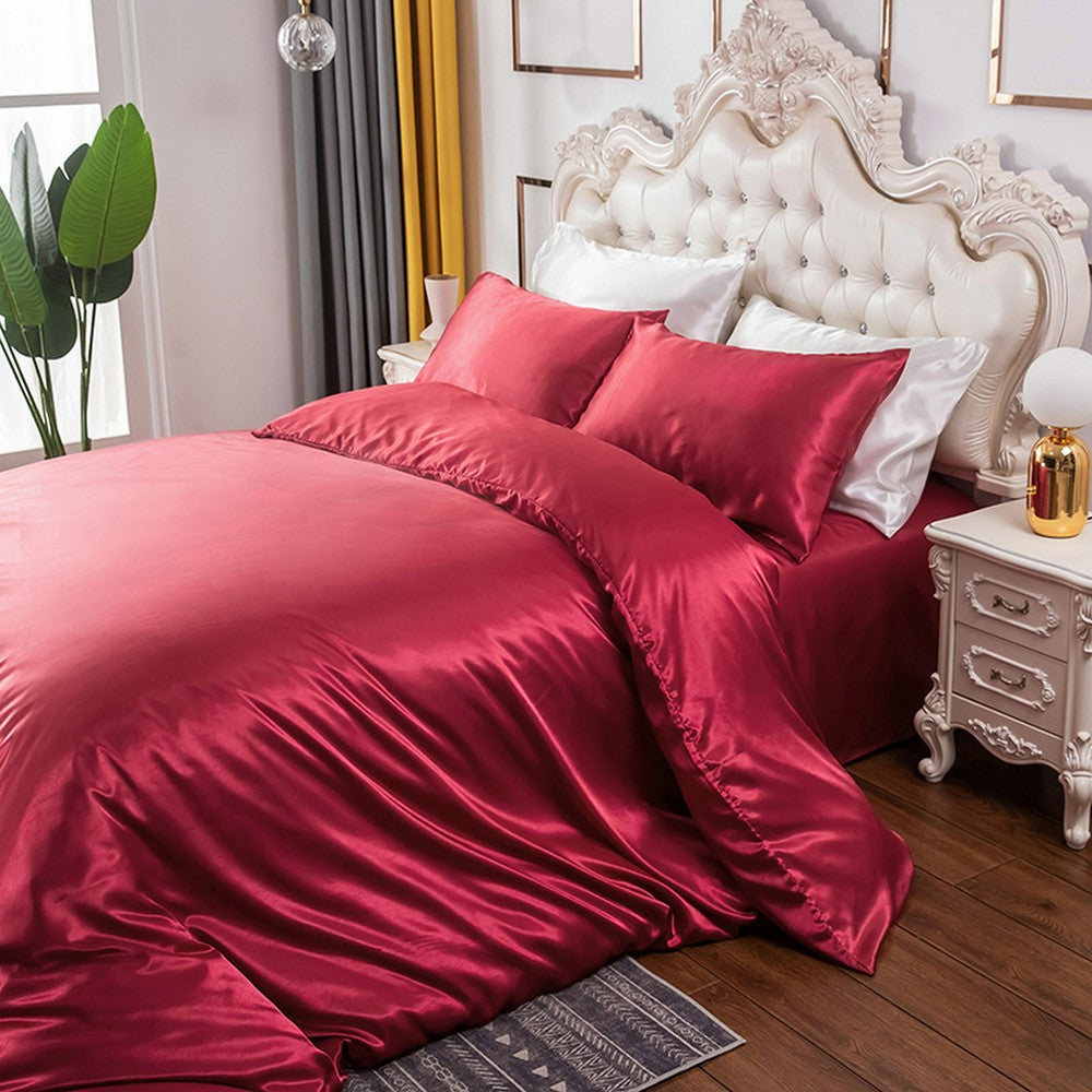 Double Quilt Cover Silk Satin Bedding Set-Wine Red