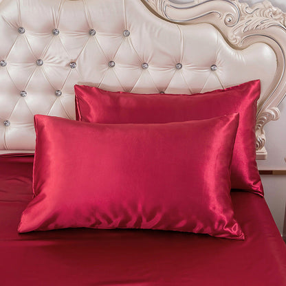 Double Quilt Cover Silk Satin Bedding Set-Wine Red