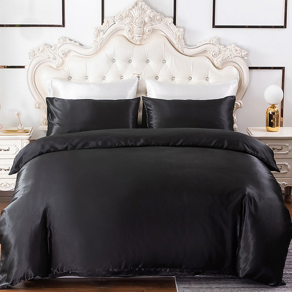 Queen Quilt Cover Silk Satin Bedding Set-Black