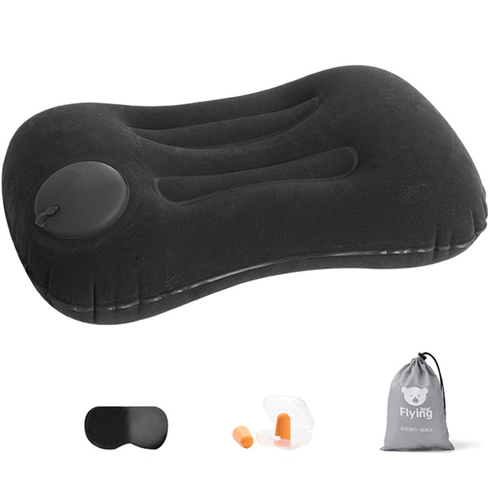 Inflatable Pillow Travel Air Pillow Eye Mask Earplugs Set for Neck Lumbar Back Head Support -Black