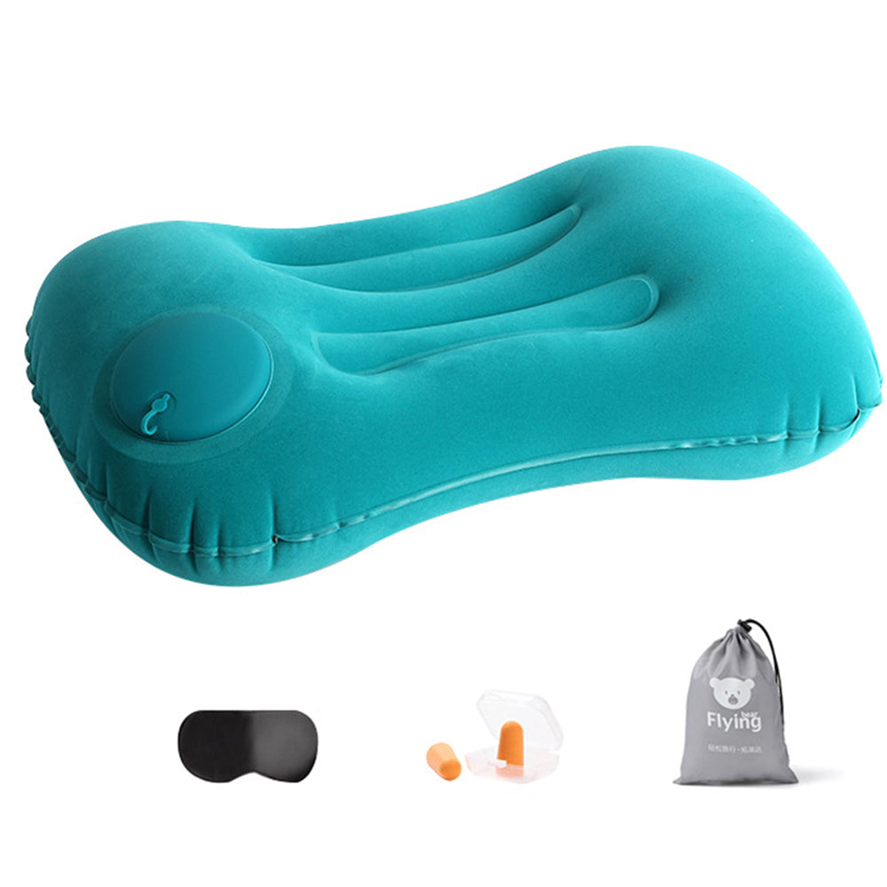 Inflatable Pillow Travel Air Pillow Eye Mask Earplugs Set for Neck Lumbar Back Head Support -Peacock blue